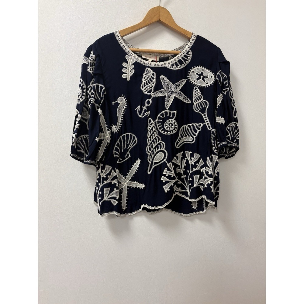 Solitaire Embroidered Nautical Short Sleeve Top Boho Blouse Sz L Navy Blue